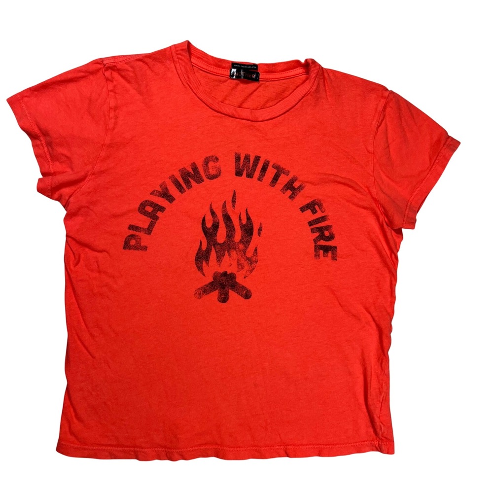Mother The Boxy Goodie T-Shirt Women Small Orange Playing With Fire Graphic Tee